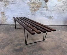 Mid Century Modern slatted bench designed in the style of Hille Interplan by Robin Day