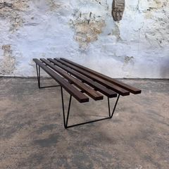 Mid Century Modern slatted bench designed in the style of Hille Interplan by Robin Day