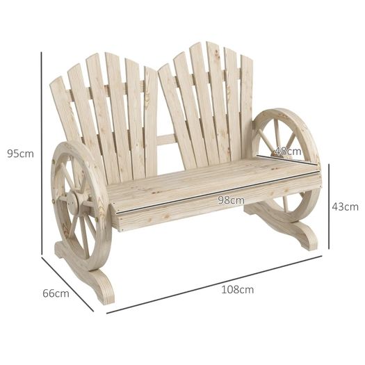 Fir Wood Love Seats with Wheel-Shaped Armrests, Large Load-Bearing Chair, Natural Wood Finish