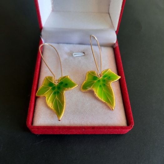 Green Ivy Leaf Earrings, Enameled Botanical Drop Earrings, Nature Inspired Jewelry, Gold Tone Leaf Dangle Earrings
