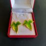 Green Ivy Leaf Earrings, Enameled Botanical Drop Earrings, Nature Inspired Jewelry, Gold Tone Leaf Dangle Earrings Image 3