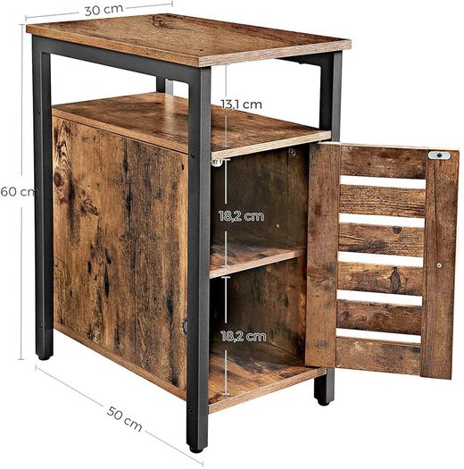 _Side table, side cabinet with shelf and adjustable shelf level, living room, bedroom, study, office, 30 x 50 x 60 cm, metal, industrial design, vintage, dark brown