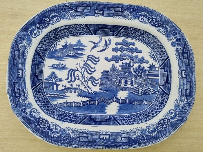 Two large Blue & White Willow Pattern Plates