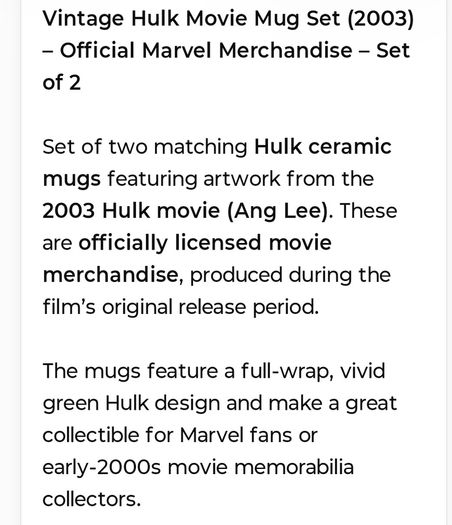 Hulk Ceramic Mugs Vintage 2003
