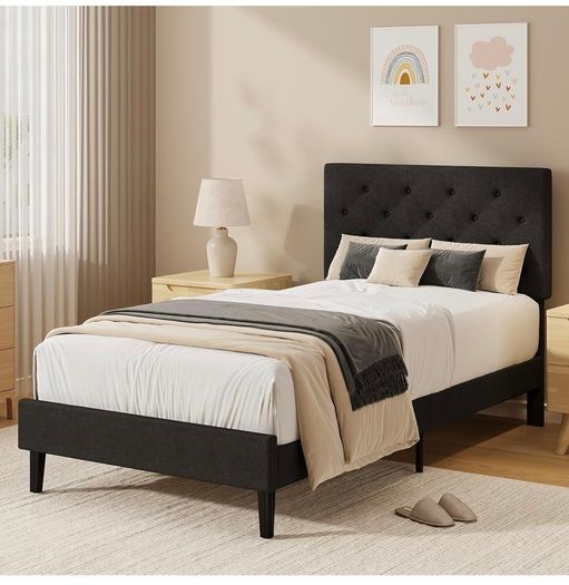 Single Bed Frame, 90 x 190 cm, with Adjustable Upholstered Headboard, Heavy Duty 256kg Weight Capacity, Easy Assembly, No Box Spring Needed, Grey