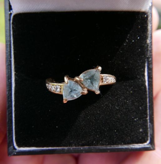 Vintage Solid 14k Gold Aquamarines And Diamonds Ring Size O - 3,35g