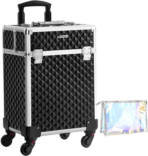 Professional Makeup Case, Cosmetic Case, Mobile, 4 Wheels, 4 Tray, Telescopic Handle, Travel, Travel, Black