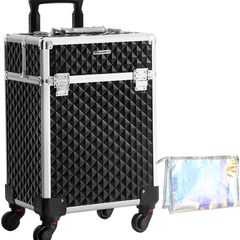 Professional Makeup Case, Cosmetic Case, Mobile, 4 Wheels, 4 Tray, Telescopic Handle, Travel, Travel, Black