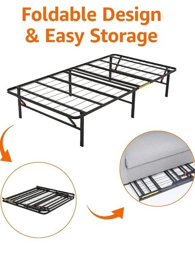 Single Foldable Platform Bed Frame with Steel Slats, Tool-Free Assembly, Under-Bed Storage, 90 x 190 X 35.5 cm, Black