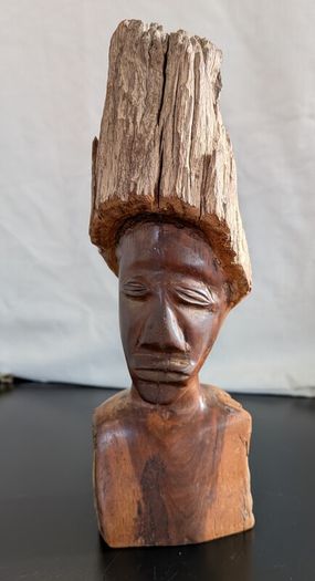 African Burl Wood Head Hand Carved Woman Bust Zambia Style 28cm