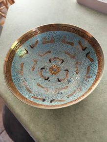 Antique Enamel Cloisonne Brass Footed Bowl - Asian Motif -  Art Nouveau Decor.