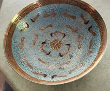 Antique Enamel Cloisonne Brass Footed Bowl - Asian Motif -  Art Nouveau Decor.