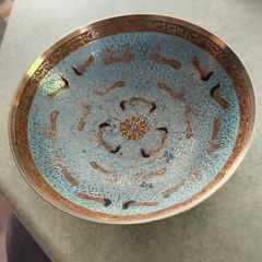Antique Enamel Cloisonne Brass Footed Bowl - Asian Motif -  Art Nouveau Decor.