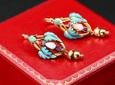 Antique Opal & Ruby Earrings - 18ct circa 1860