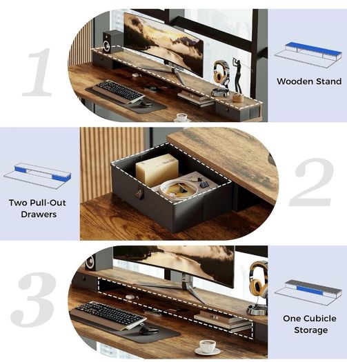 Electric Adjustable Height Desk, with 2 Fabric Drawers, 120x60cm 72-116cm Height, Stable Sit-Stand Standing Desk w. 2 Memory Buttons, Computer Desk for Home Office, 2 pcs Desktops, Brown