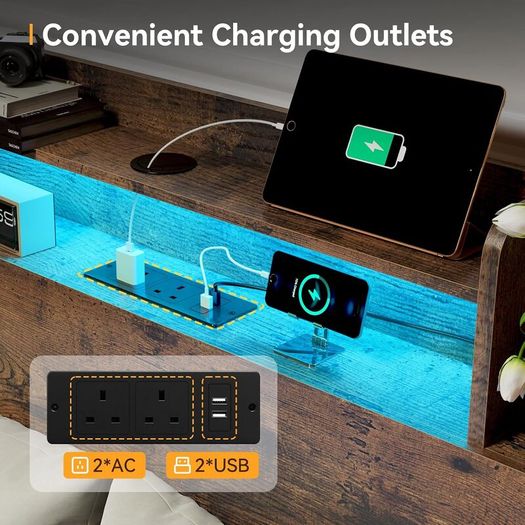 4ft6 Double Bed Frame with Storage Wooden Headboard | LED Light & Charging Station, Platform Metal Bed Frame Double with Underbed Storage