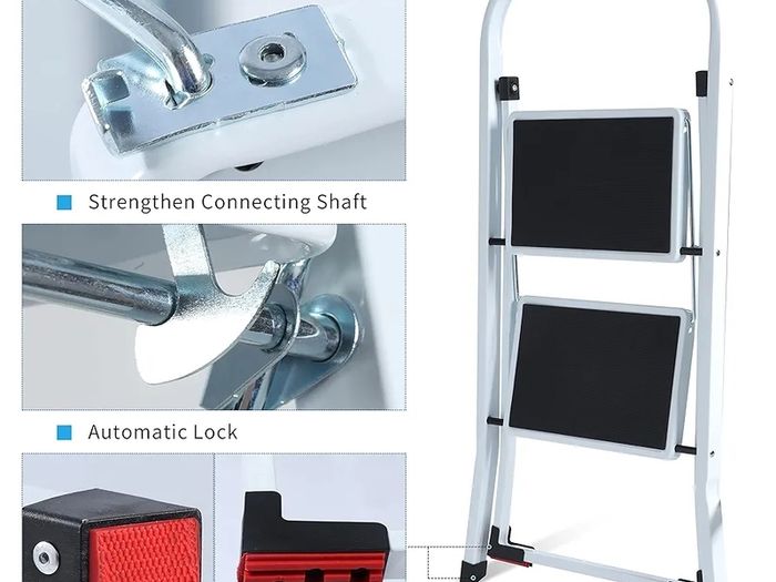 2 Step Ladder Folding Ladder, Portable With Anti-Slip Mat & Comfortable Soft Handgrip, Heavy Duty Steel - Easy to Store Ladders, 150KG Max Capacity (2 white) (SVSL04V1)