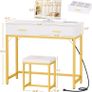 36 Inch Vanity Desk with Mirror and Drawers, Vanity Table and Stool, Dressing Table with Lights and Socket Strip for Bedroom, Gold Image 3