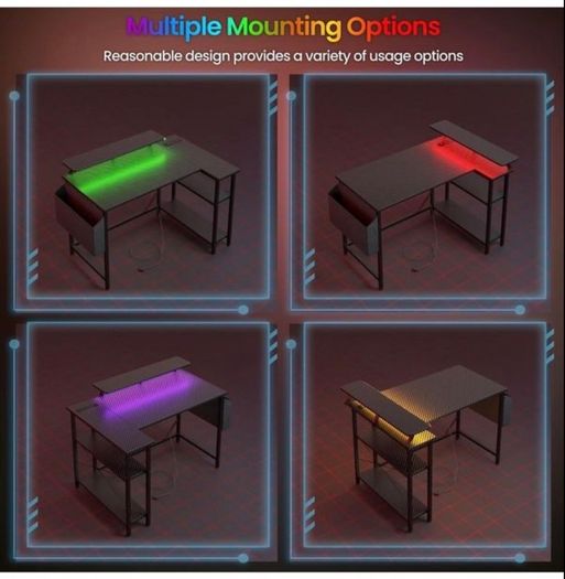 L Shaped Gaming Desk with LED Lights & Power Outlets, 120x80cm Corner Computer Table with Storage Bag & Adjustable Shelves & Large Monitor Stand, Home Office Study Workstation, Carbon Black