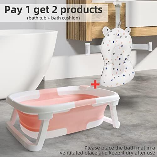 Baby Bath Tub Foldable Bathtub, Newborn Baby Plastic Bathtub with cushion pad Foldable Anti-Slip legs Collapsible tub for Toddler Baby kids Bathing