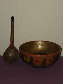 Hand Painted USSR Wooden Bowl and Spoon
