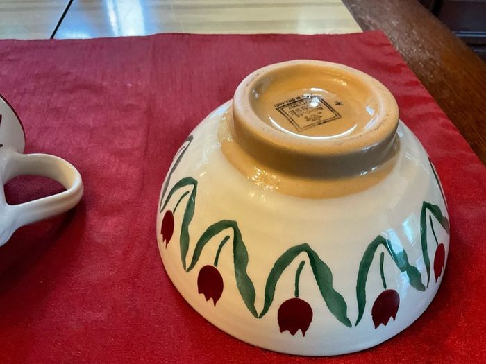 Nicholas Mosse Red lawn set of two , 4 inch jug and a 6 inch diameter bowl . Both have blemishes but perfect for  display
