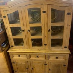 Glass Front Pine Dresser In VG Condition Height 202cm Width 153cm Depth 48cm