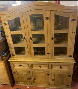 Glass Front Pine Dresser In VG Condition Height 202cm Width 153cm Depth 48cm