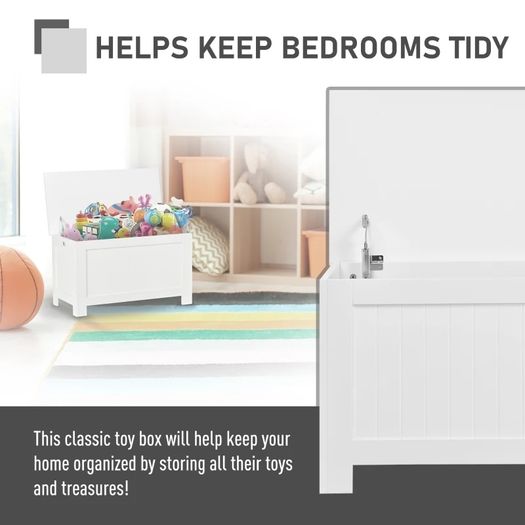 Storage Chest, Toy Storage Box Organizer with Safety Hinges, Lid and Side Handles, White