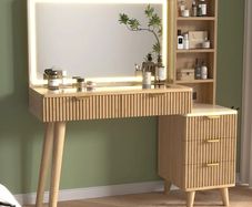 Dressing Table with Lighted Mirror, 110 cm Fluted Vanity Desk with Glass Top, Modern Makeup Desk with 5 Drawers and Shelves for Bedroom-US-style plug