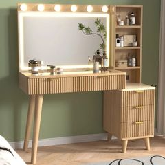 Dressing Table with Lighted Mirror, 110 cm Fluted Vanity Desk with Glass Top, Modern Makeup Desk with 5 Drawers and Shelves for Bedroom-US-style plug