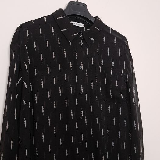 Sofie Schnoor Black Sheer Lightning Bolt Pattern Long Sleeve Midi Shirt Dress Size M