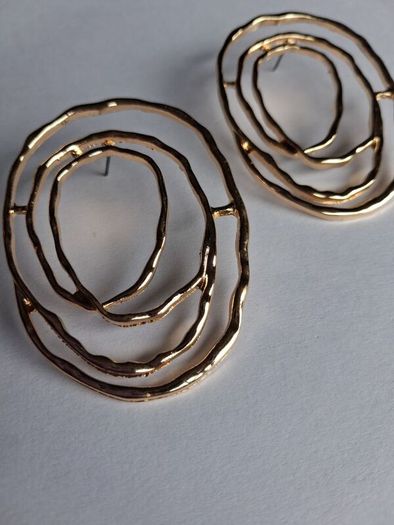 Gold Organic Abstract Concentric Oval Textured Hoop Earrings