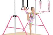 Gymnastics Bars With Self-Inflating Mat,50mm Thick Inflatable Pad No Air Pump Needed Gymnastics Equipment for Home,Adjustable Height Folding Horizontal Bar with Rings