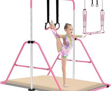 Gymnastics Bars With Self-Inflating Mat,50mm Thick Inflatable Pad No Air Pump Needed Gymnastics Equipment for Home,Adjustable Height Folding Horizontal Bar with Rings