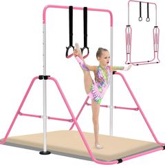 Gymnastics Bars With Self-Inflating Mat,50mm Thick Inflatable Pad No Air Pump Needed Gymnastics Equipment for Home,Adjustable Height Folding Horizontal Bar with Rings