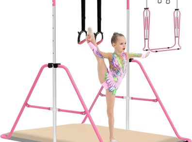 Gymnastics Bars With Self-Inflating Mat,50mm Thick Inflatable Pad No Air Pump Needed Gymnastics Equipment for Home,Adjustable Height Folding Horizontal Bar with Rings