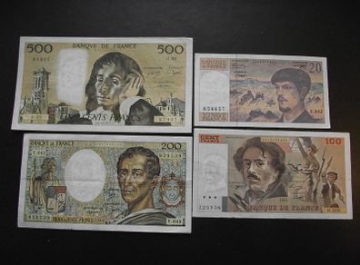 France: 4 Notes: 500f+200f+100f+20f (1977-1993) Super Condition!