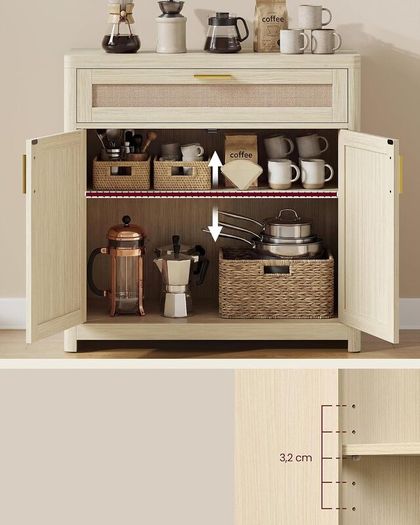 Kitchen Cabinet Sideboard with Rattan Effect Doors Boho Style Natural Beige