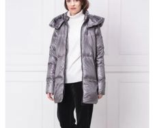 DKNY Sport Metallic Silver Longline Down Puffer Jacket Coat