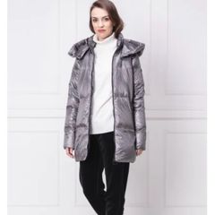 DKNY Sport Metallic Silver Longline Down Puffer Jacket Coat
