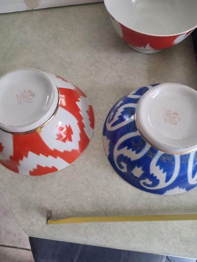 SET OF 3 BOWLES 2   Russian Gardner-style Ikat one red other one blue design Porcelain Tea Bowl AND ONE Vintage Uzbekistan red ikat soup bowl