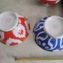 SET OF 3 BOWLES 2   Russian Gardner-style Ikat one red other one blue design Porcelain Tea Bowl AND ONE Vintage Uzbekistan red ikat soup bowl Image 7