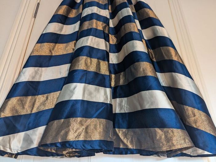 Metallic Navy Striped Pleated A-Line Full Flare Satin Midi Skirt from Traffic People