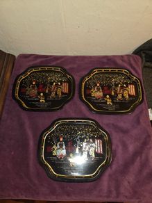 3 Vintage Asian Scene Metal Trays