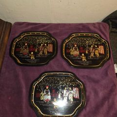 3 Vintage Asian Scene Metal Trays