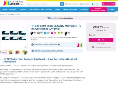 HP 727 Extra High Capacity Multipack 6 Ink Cartridges (Original)XXL
