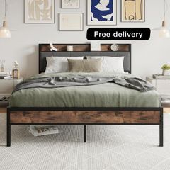 King Size Bed Frame with Wooden Storage Headboard