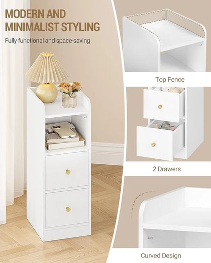 Slim Bedside Tables Set of 2, Narrow Side Table with 2 Drawers, Bedside Cabinet with Open Compartment, Adjustable Drawer Position for Bedroom, Living Room, 30 x 24 x 65 cm White