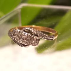 18ct Gold & Platinum Three Stone Diamond Crossover Ring - Size L, 2.7g, Antique/Vintage